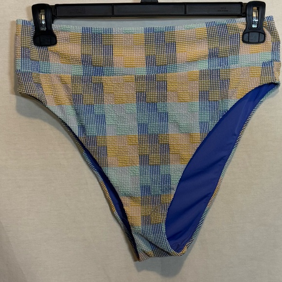 AA-17 Aerie NWT Blue & Yellow Plaid High‎ Cut Cheeky Bikini Bottoms Size XL - Picture 1 of 12